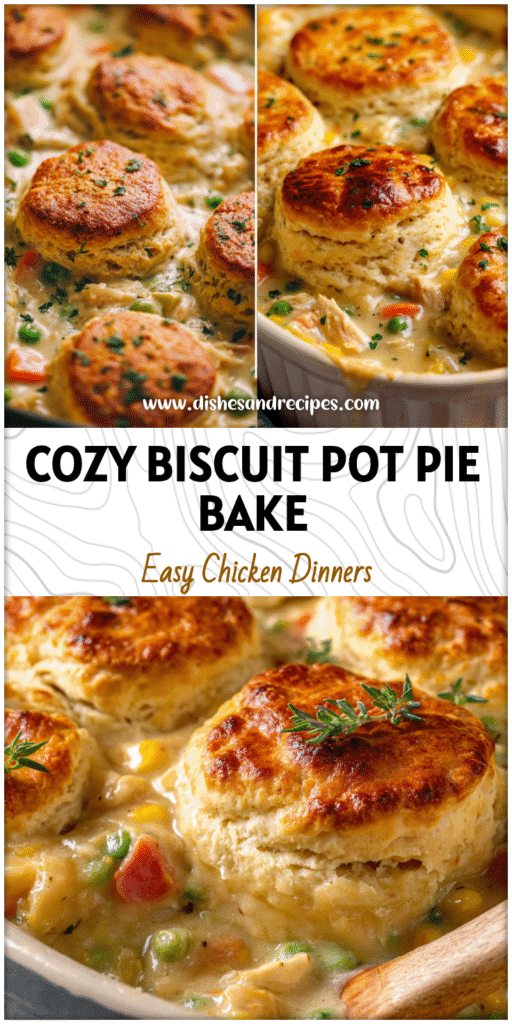 Golden Biscuit Chicken Pot Pie with creamy filling baked in a casserole for easy homestyle Dinner Ideas.